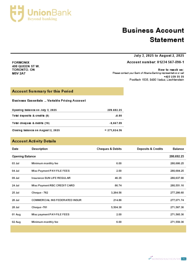 Download Union Bank AG company checking account statement Word and PDF template (1) Photoshop template